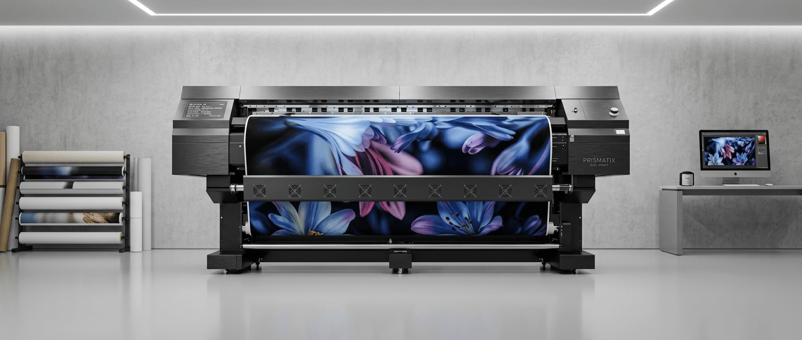 Large-format printer producing a vibrant wide print in the YM Studio print room